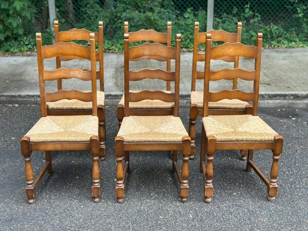 6 chaises à manger provençales en bois massif et paille, XXème