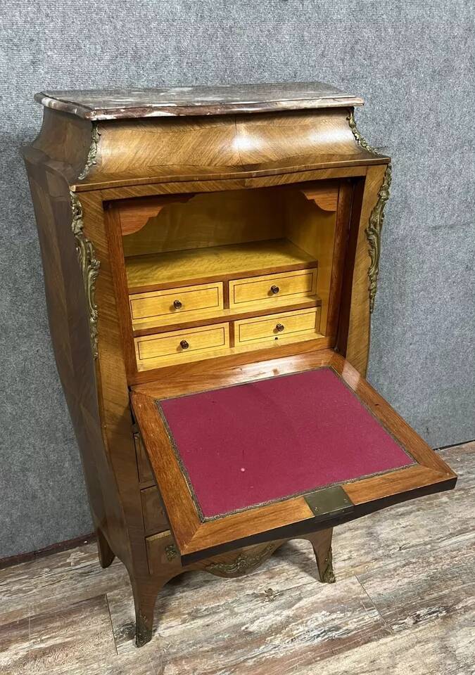 Fully curved Louis XV style secretary in precious wood marquetry circa 1850