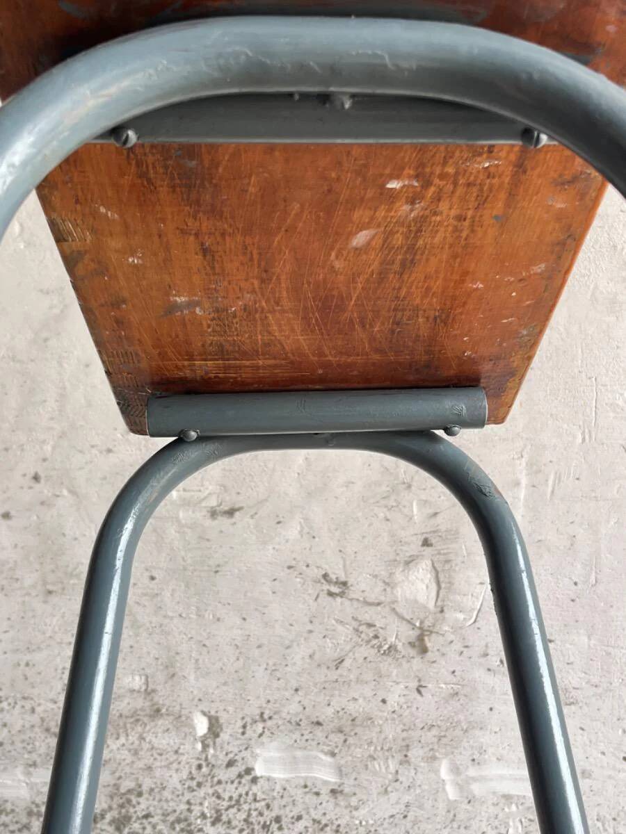 Upcycled industrial laboratory stool, black/grey metal frame with natural wood seat, mid-20th century