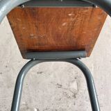 Upcycled industrial laboratory stool, black/grey metal frame with natural wood seat, mid-20th century