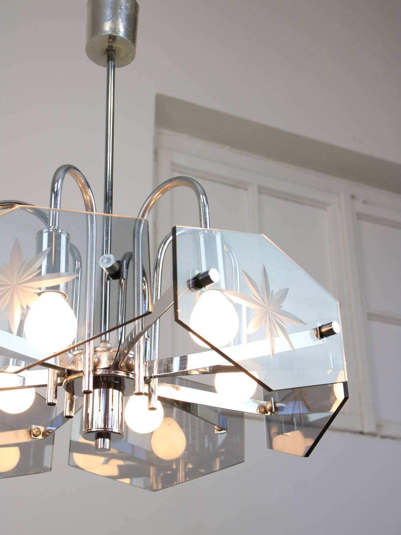 Vintage Italian Chrome and Glass Chandelier, 70s
