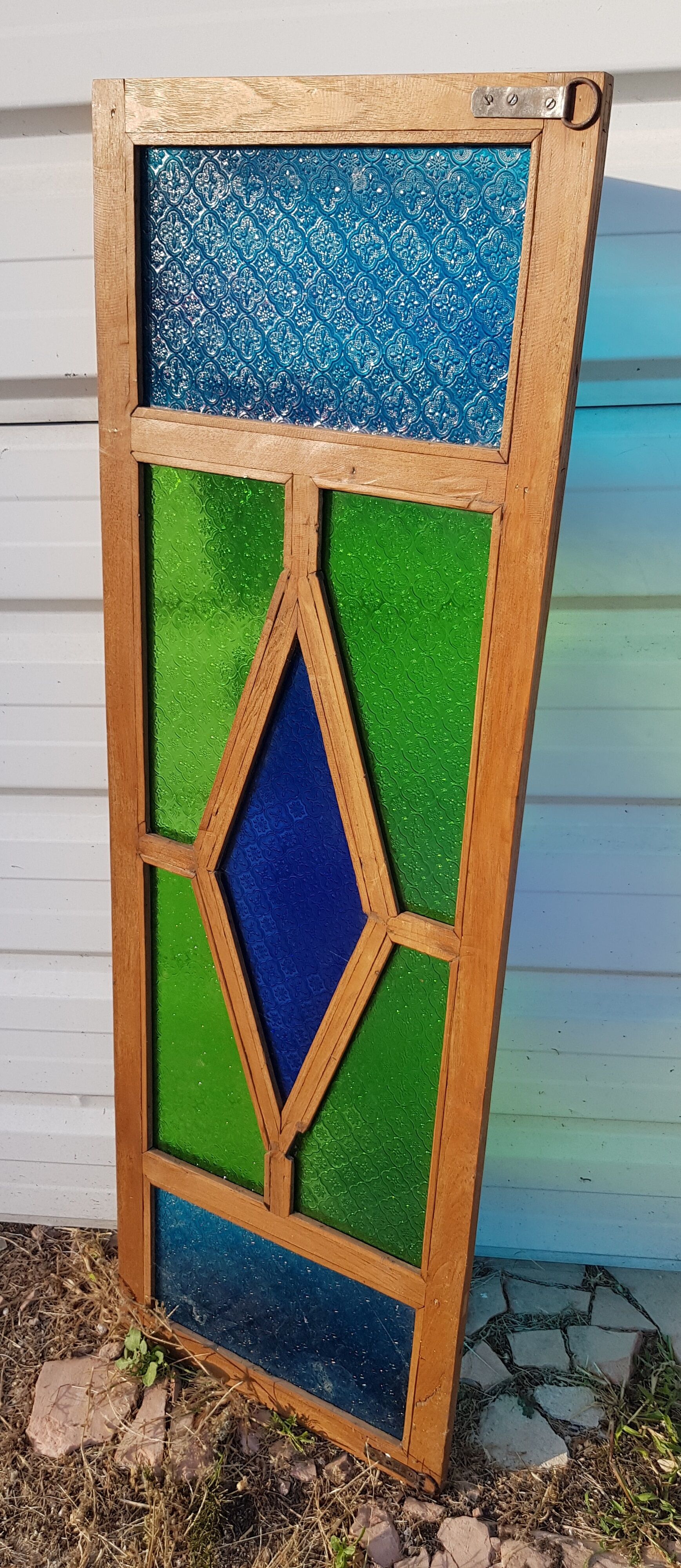 Old teak frame panel/window and 7 colored & embossed glass panels