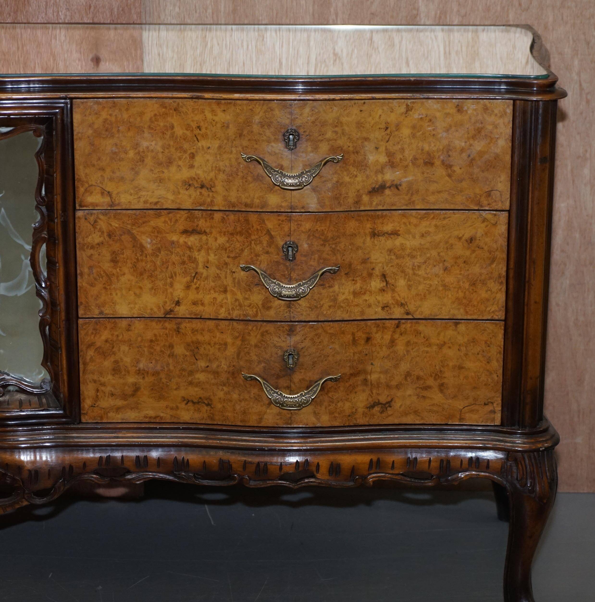 Vintage Italian Buffet in Walnut with Serpentine Front and Mirror Top