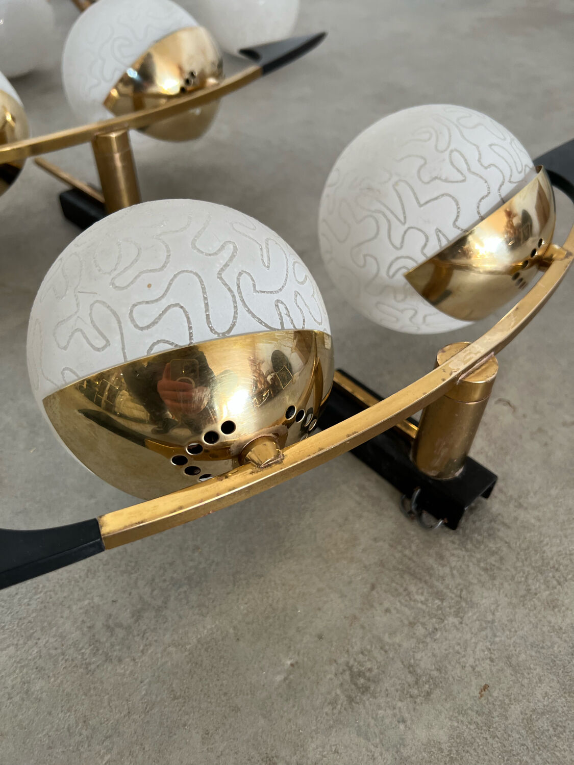 Lot light fixtures and chandeliers design Arlus 50s brass and opaline vintage