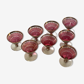 Set of 8 cut red/garnet cocktail glasses with old gilding ACC-7056