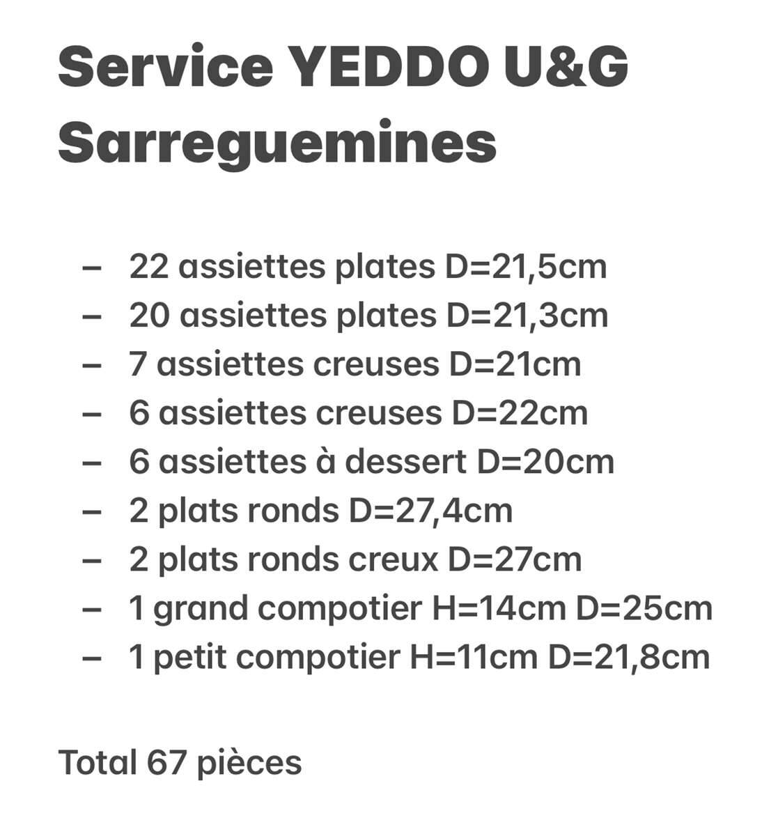 Service yeddo sarreguemines début xxème 67 pièces.