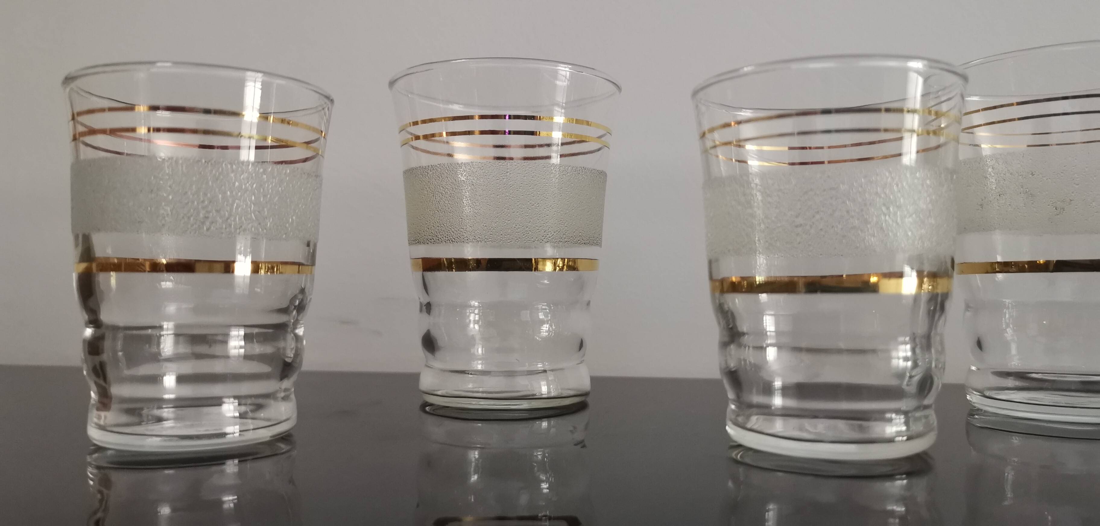 Set of 5 water glasses and 5 aperitif glasses with granite decorations and gold edging from the 1950s