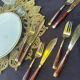 Wood and brass fish service
