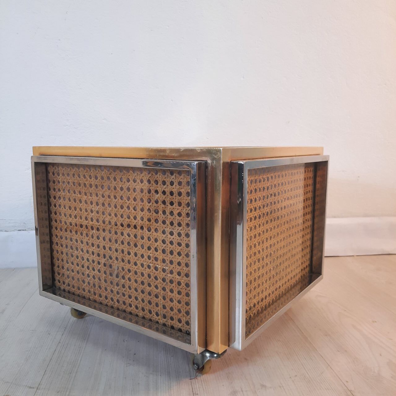 Planter, vintage storage with lightweight wheels, straw, brass and steel, hollywood regency