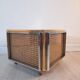 Planter, vintage storage with lightweight wheels, straw, brass and steel, hollywood regency