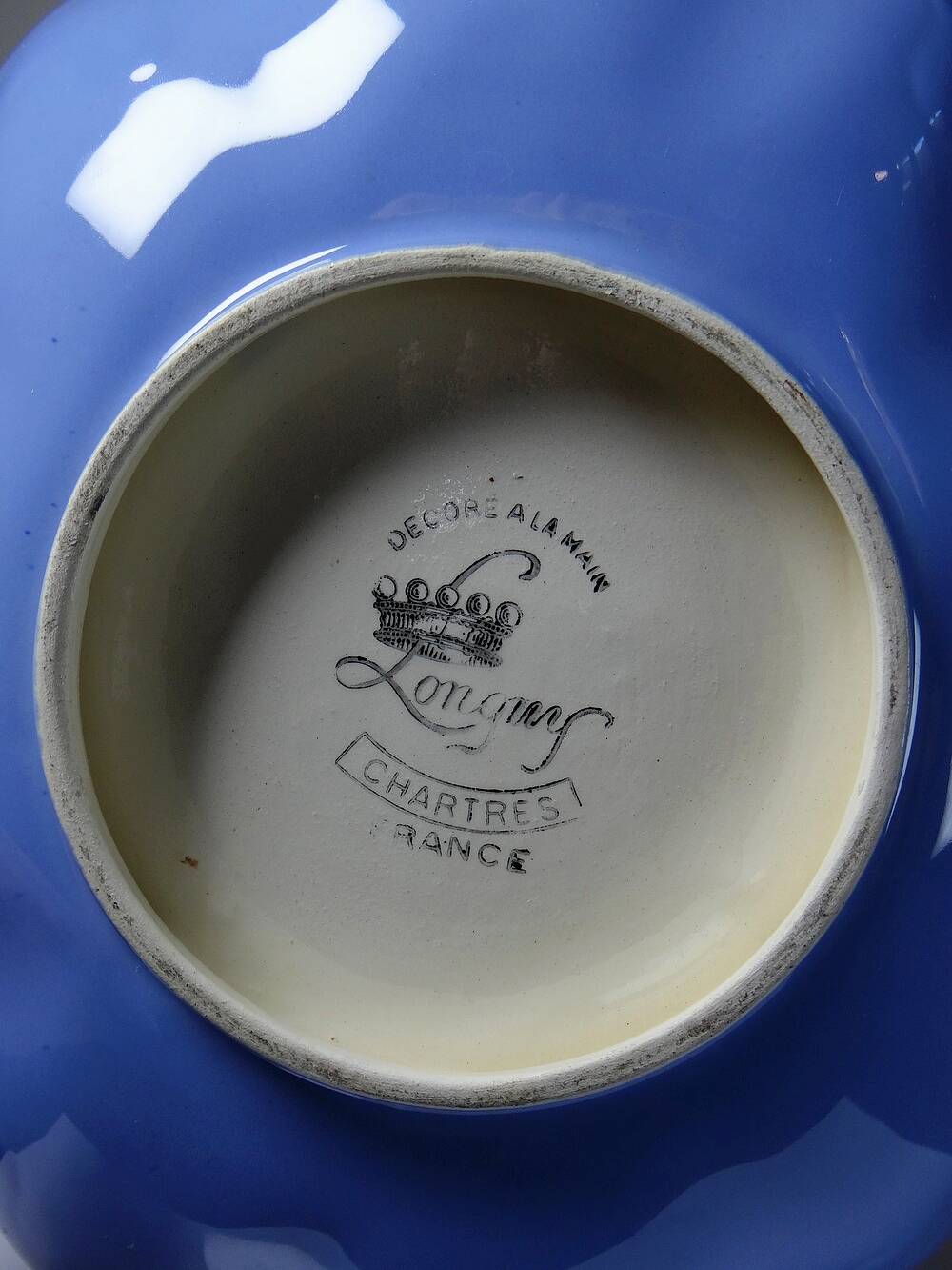 Vintage Longwy earthenware and enamel bowl/emptying cup, Chârtres model