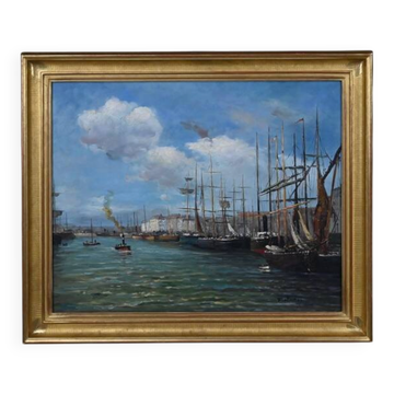 Painting "Harbour Scene", oil on canvas, signed F. Nicoli – 20th century