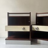 Pair of backlit bedside tables in wood and chrome, France 1970