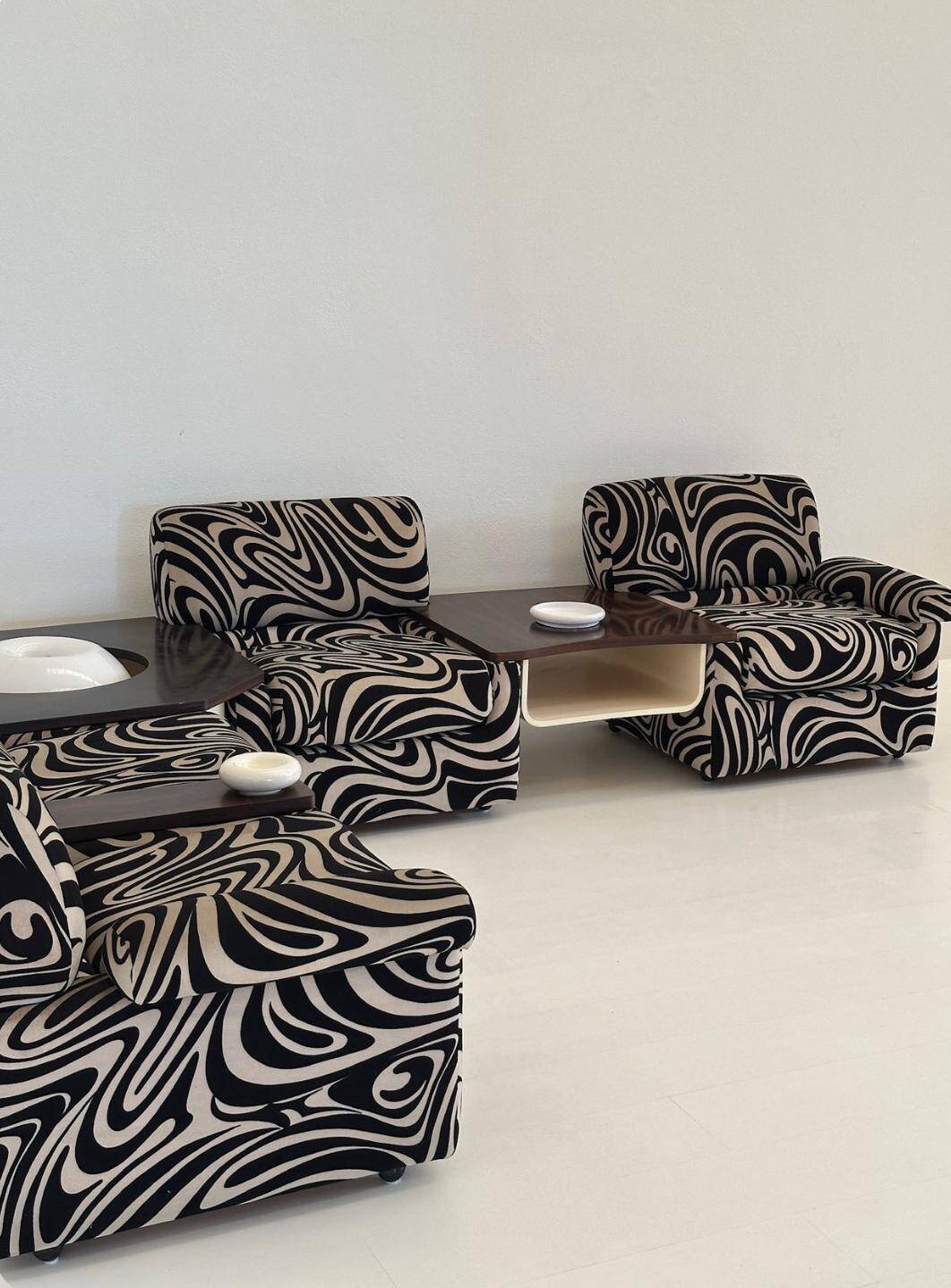 Modular 70s sofa, reupholstered, with integrated table modules, sculptural
