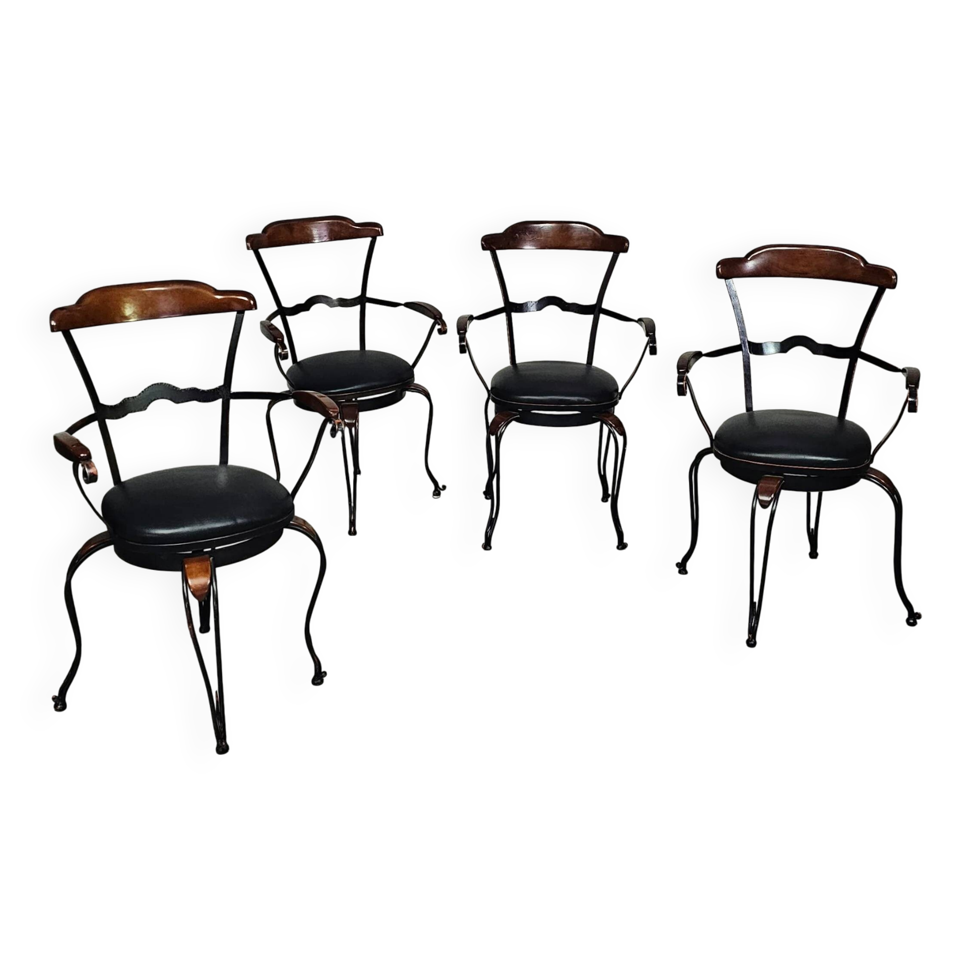 Italian postmodern turnable wrought iron dining chairs with leather seats