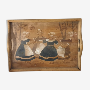 Engraved and painted wooden tray