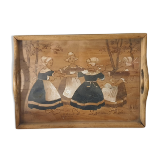 Engraved and painted wooden tray