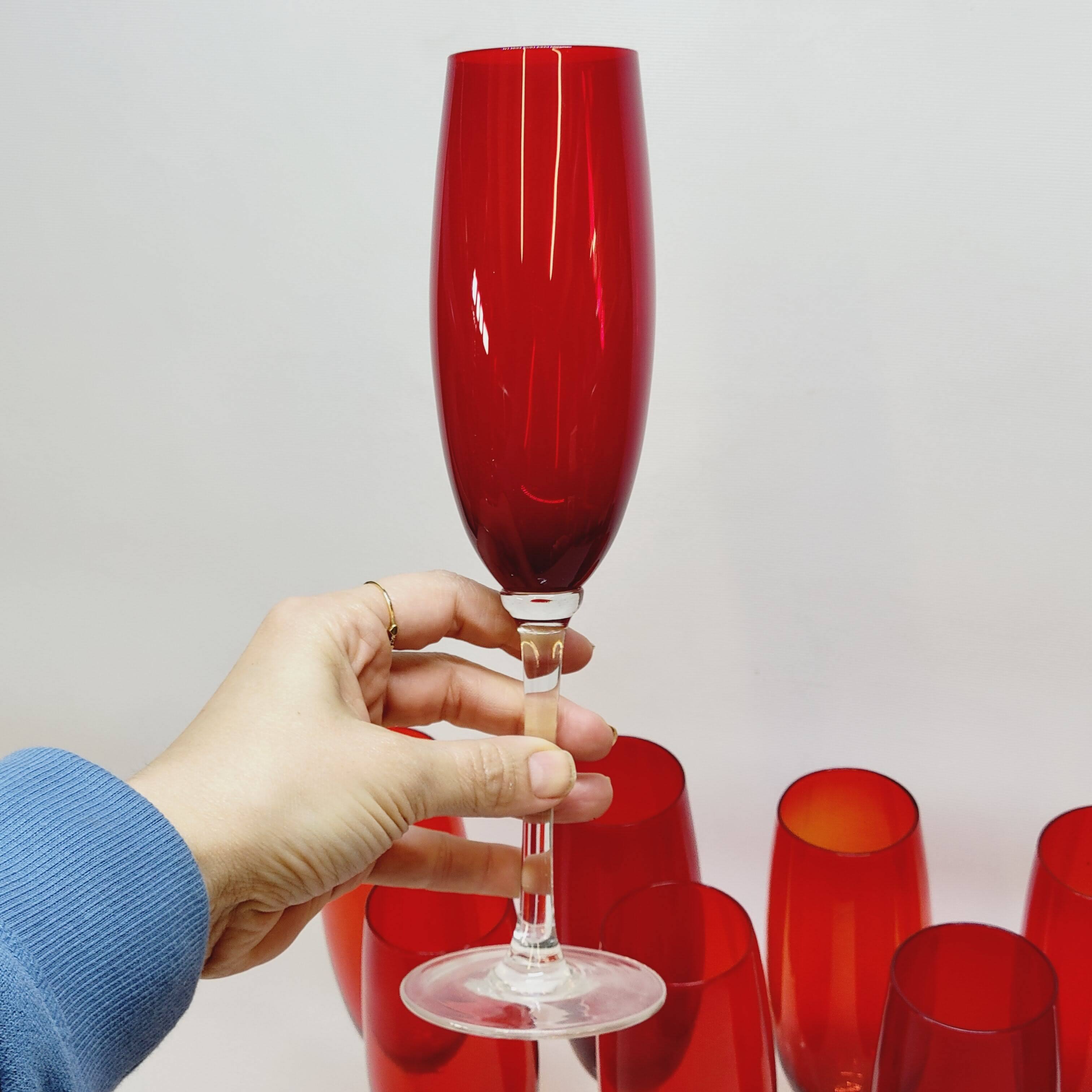 10 ruby red blown glass champagne flutes