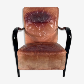 Sculptural Italian Mid-century leather and curved wood armchair from 50s