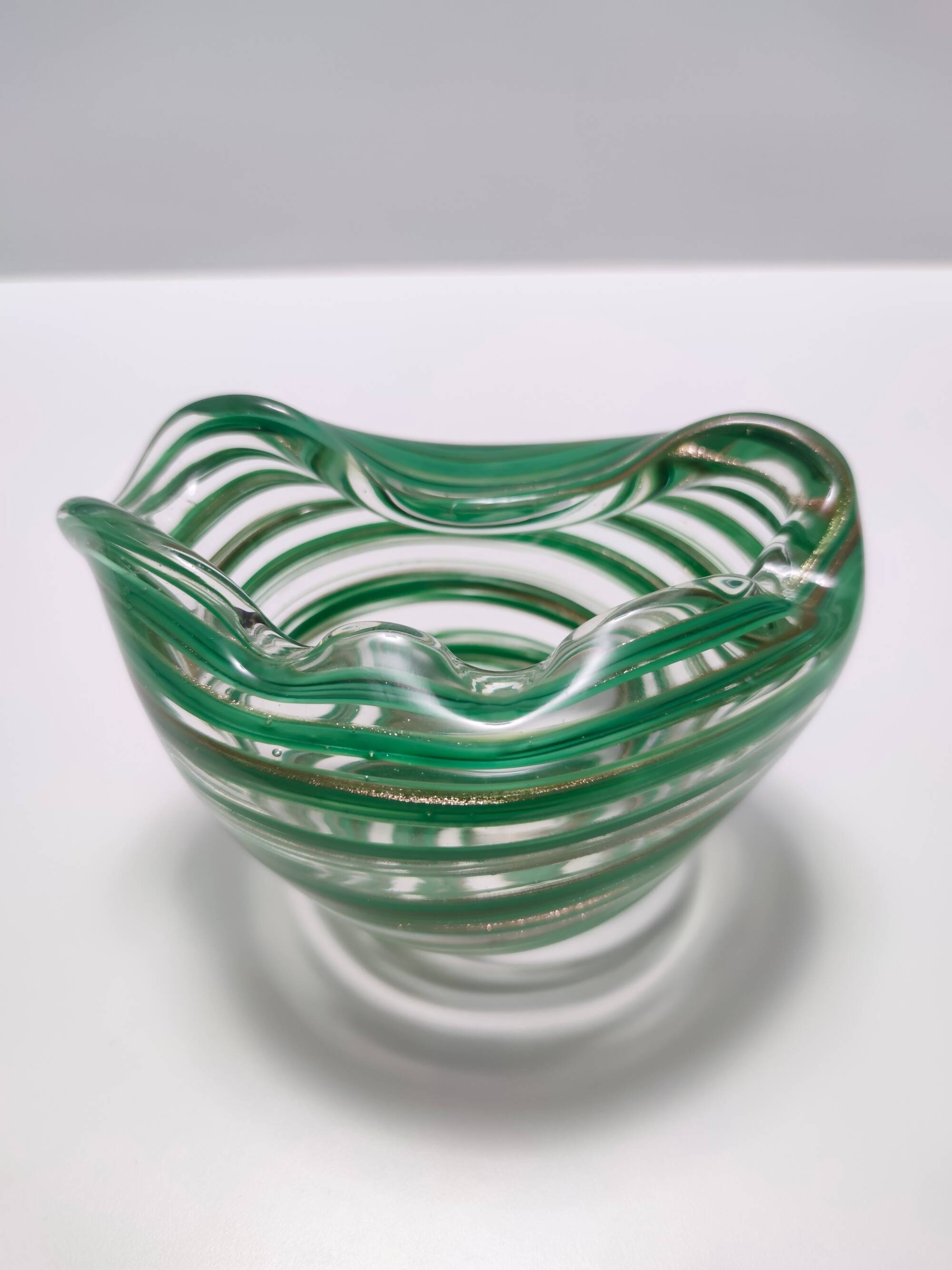 Murano Glass Bowl or Ashtray with Green Canes and Aventurine Glass, Italy