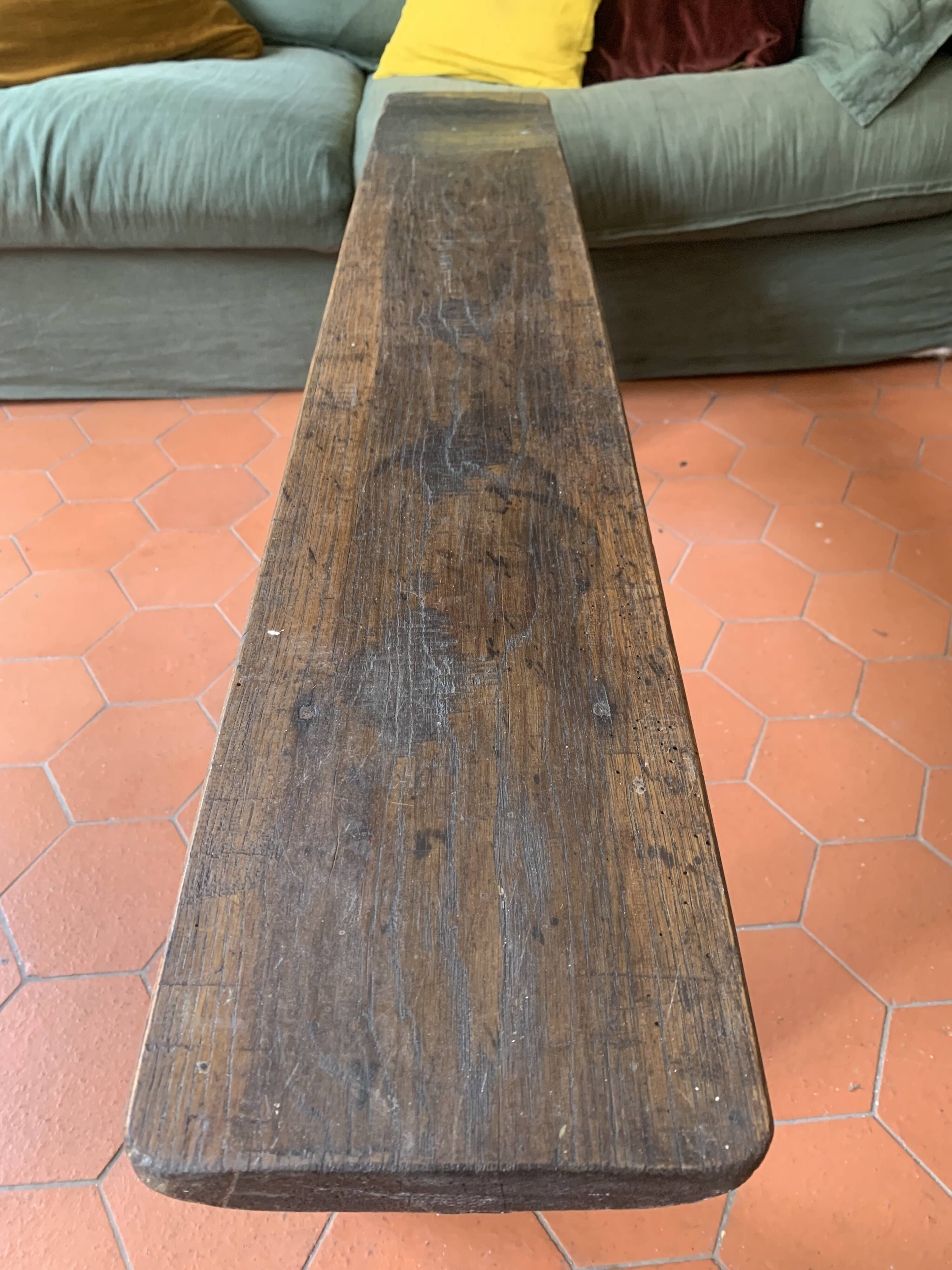 19th century bench in patinated oak, old farm bench