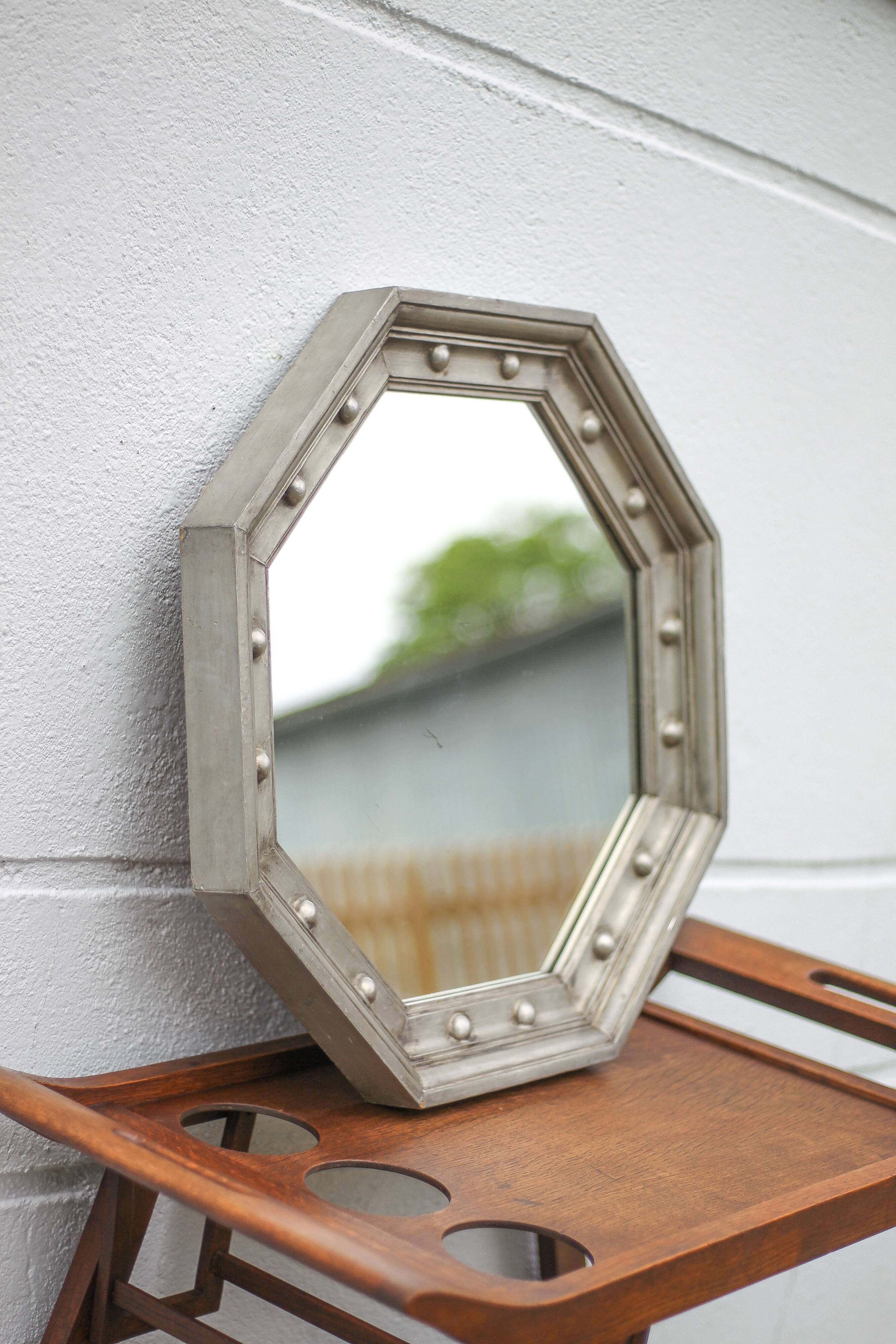 Vintage mirror, wooden mirror covered with tin, tin mirror from the 60s