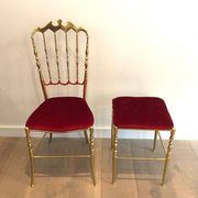 Chiavari chair and stool in brass and velvet. Around 1940.