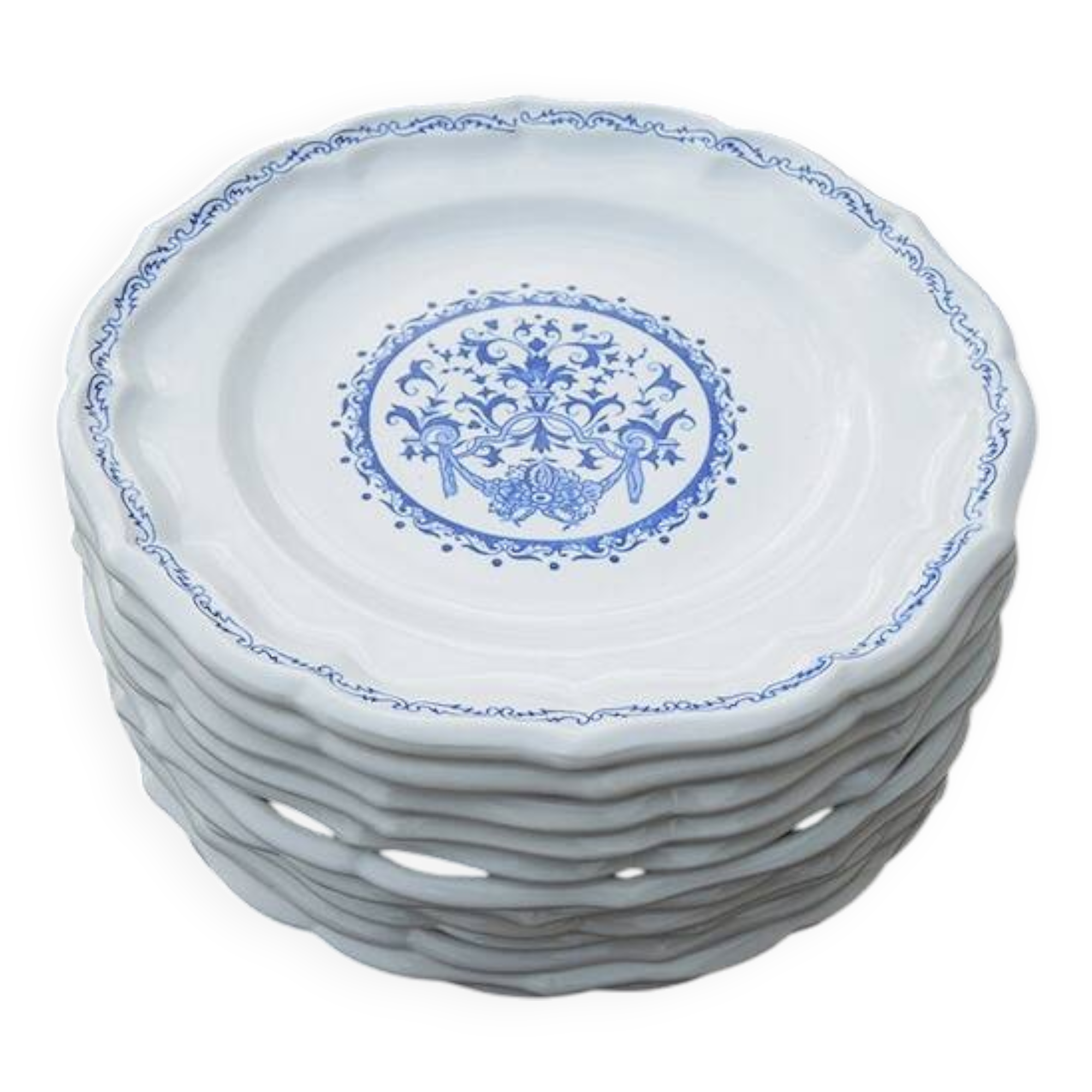 12 Antique Gien Earthenware Flat Plates - Rouen Decor