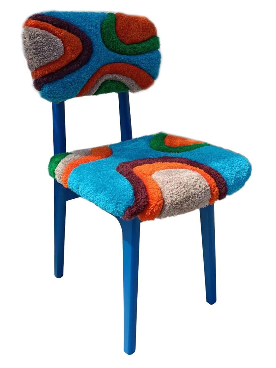 Mid-century chair with manual tufting, blue wood, Rajmund Halas, Poland, 1960s