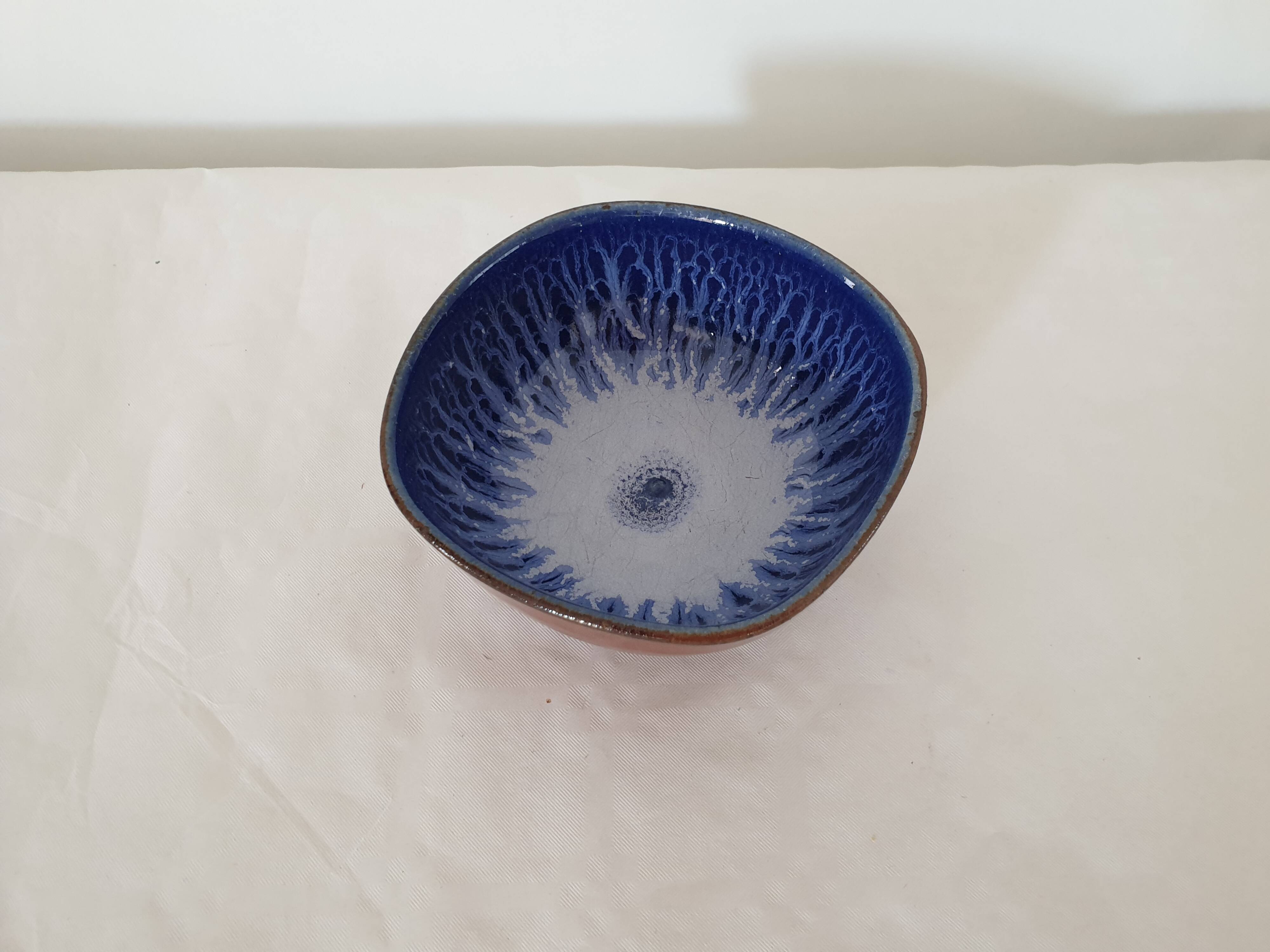 Glazed ceramic bowl / cup Blue interior Signed Alésia