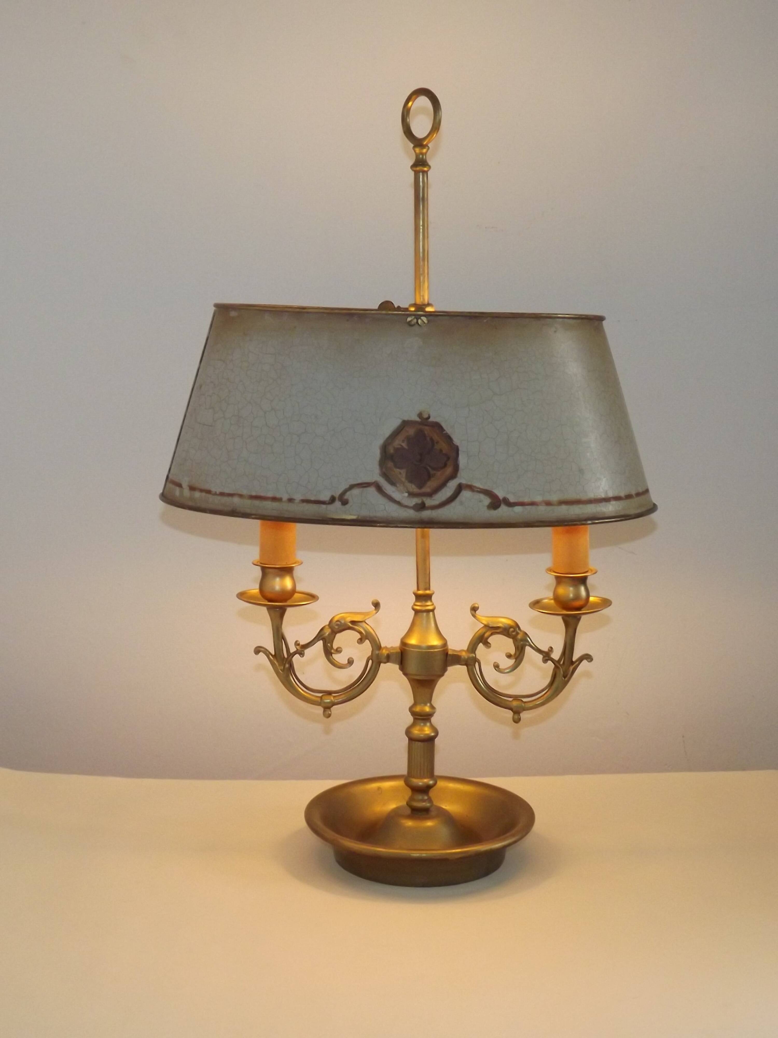 Lampe bouillotte à 2 lumières en laiton de l'Empire français, design floral peint à la main