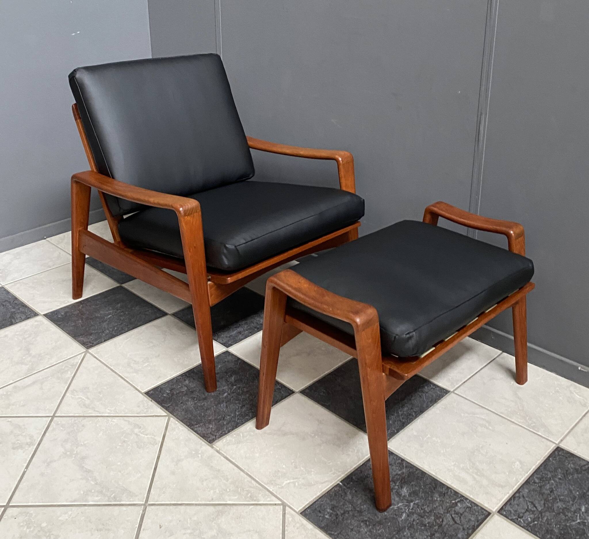 arne Wahl Iversen teak arm chair with ottoman