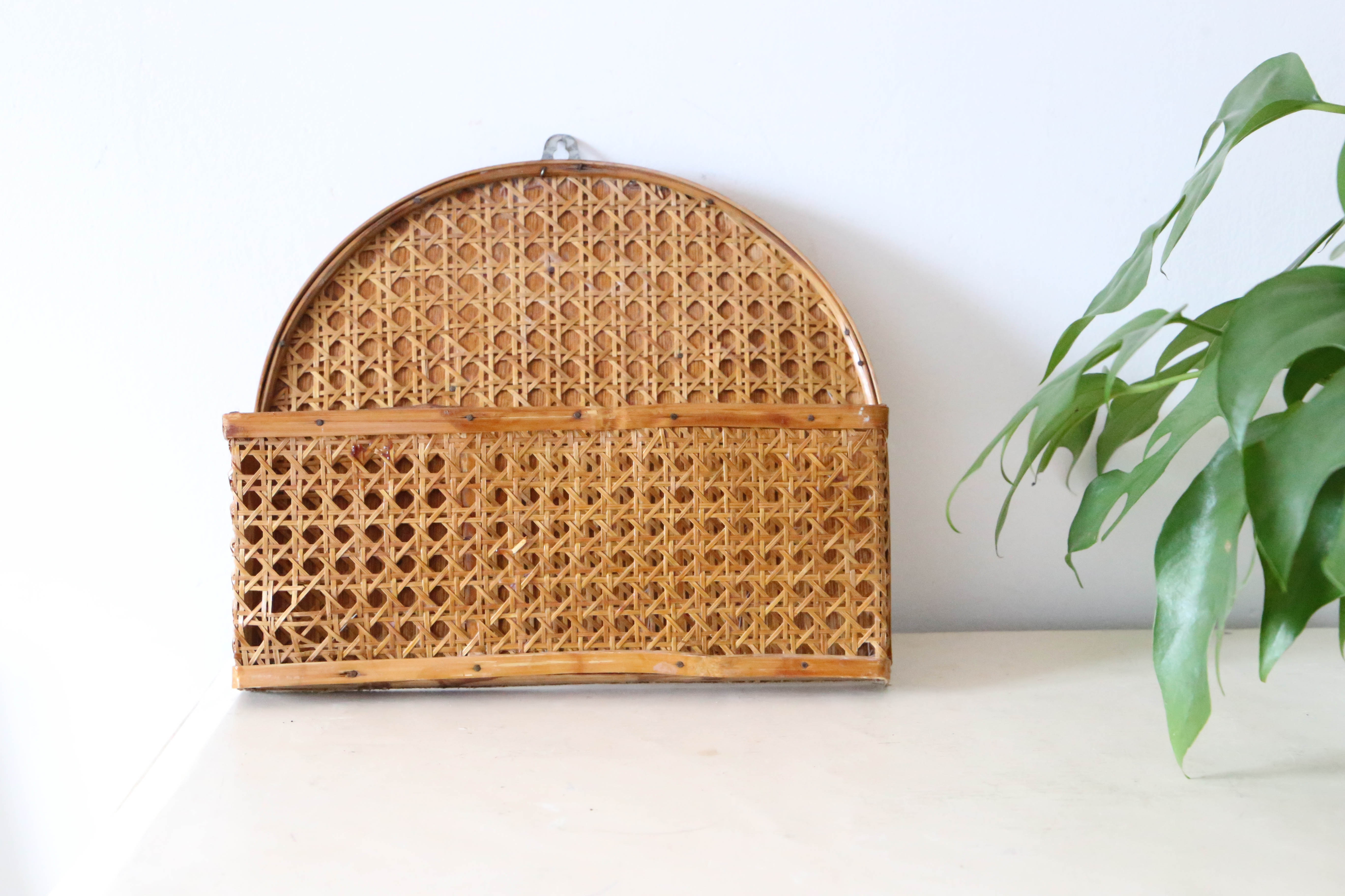 Mail holder, empty wall pocket, wicker and cannage, vintage