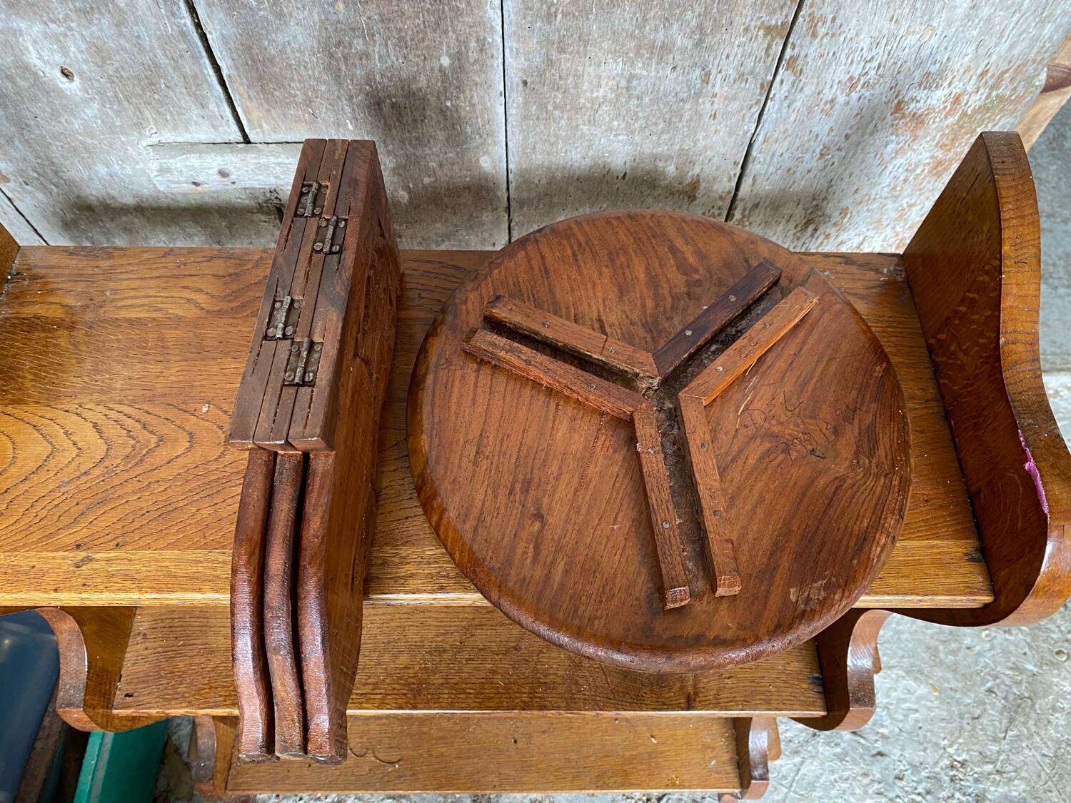 Antique tripod coffee table carved wood & brass inlaid india vintage