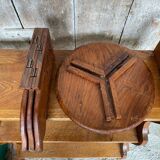 Ancienne table basse tripode bois sculpté & laiton incrusté inde vintage