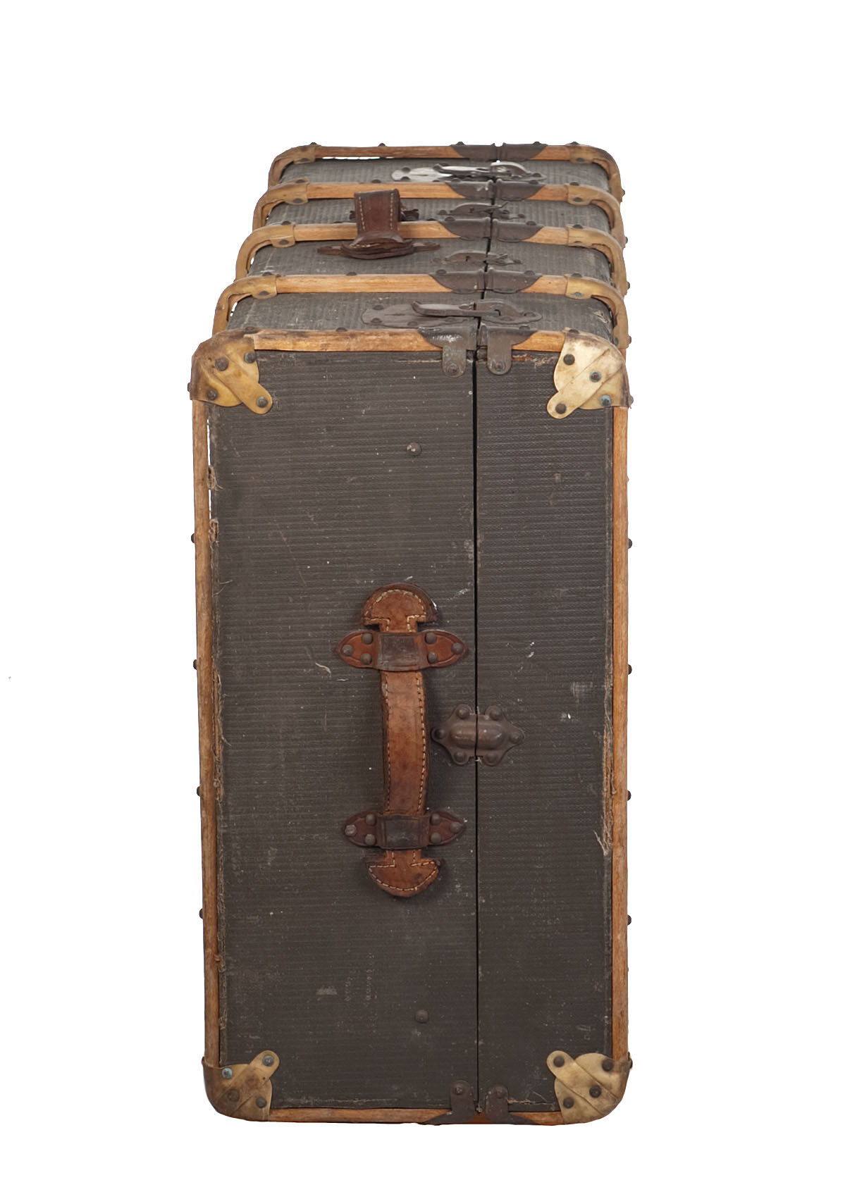 Trunk with wood, brass lock, khaki green coated canvas, circa 1930