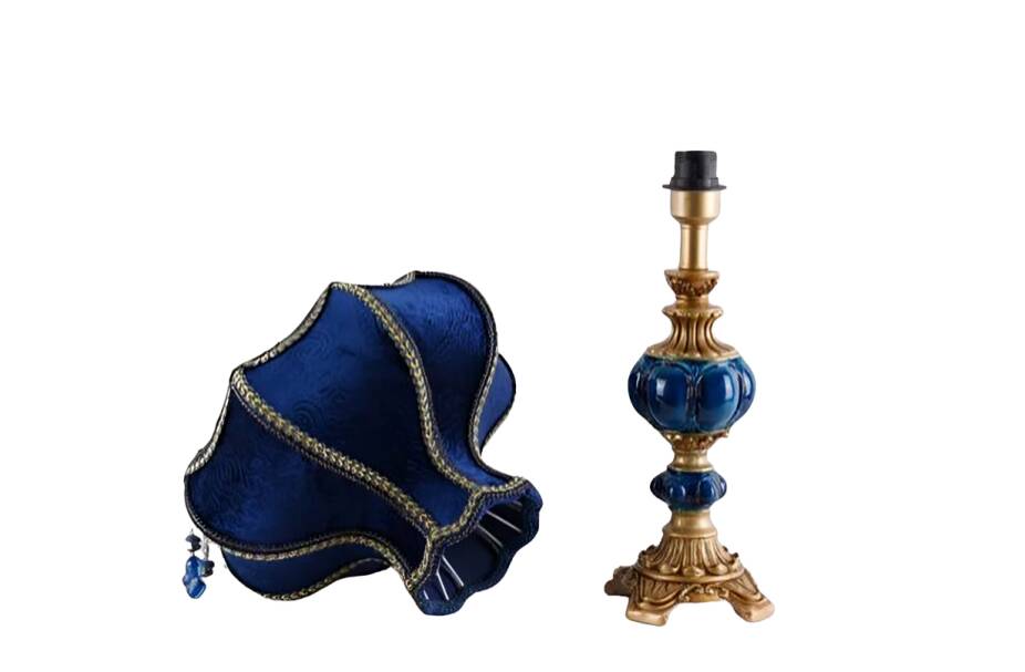 Vintage Table Lamp with Blue Floral Glass Shade - Romantic Accent Lamp for Bedroom