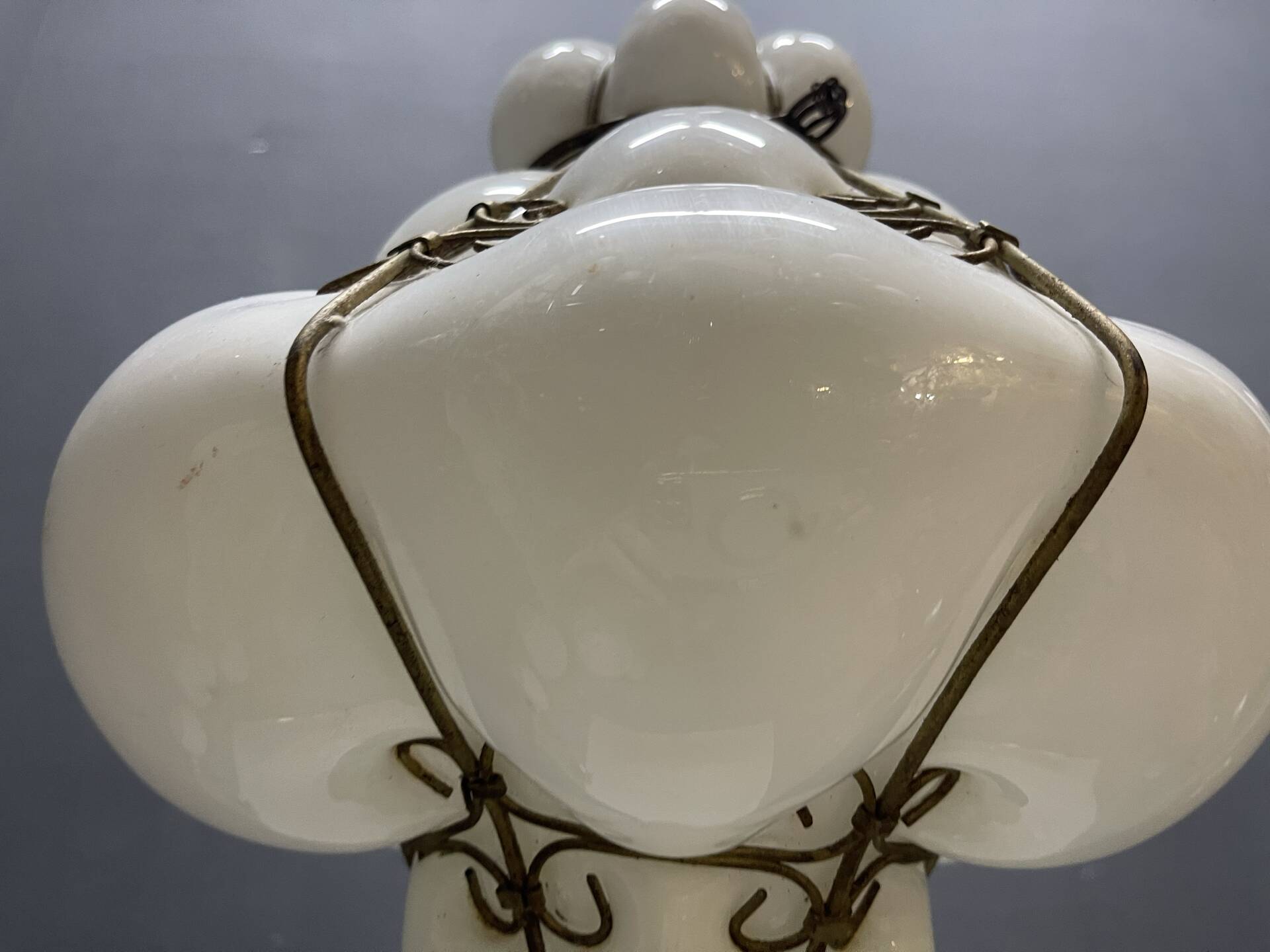 Murano Opaline Glass Pendant Light in Wrought Iron Frame, Italy, Mid-C
