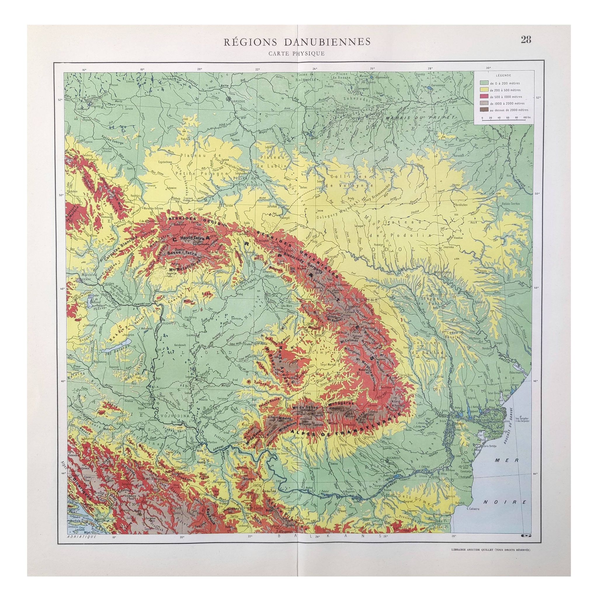 Carte ancienne  Danube Bucarest Roumanie 43x43cm de 1950