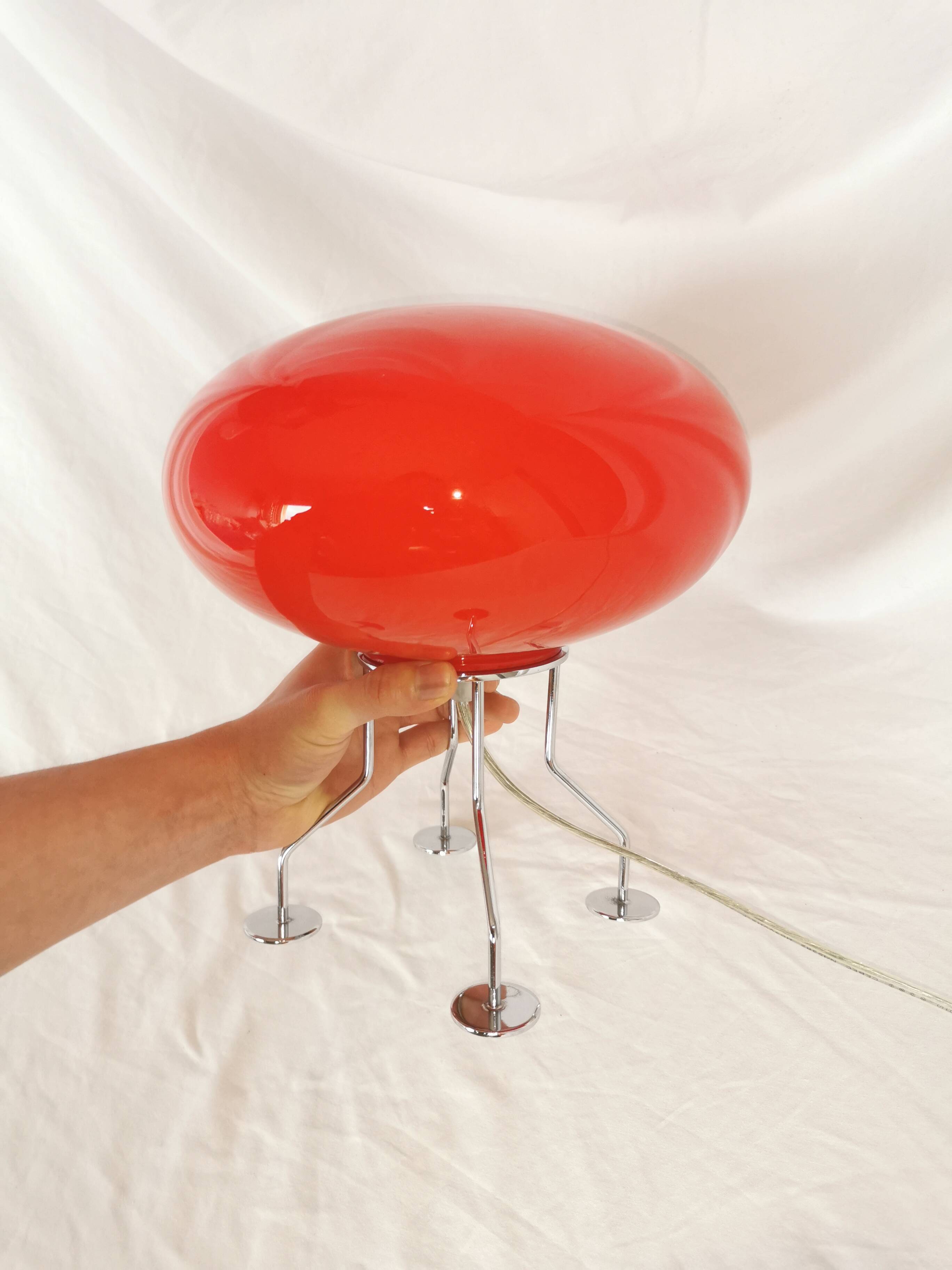 Red ufo mushroom lamp, space age, opaline and chrome steel.