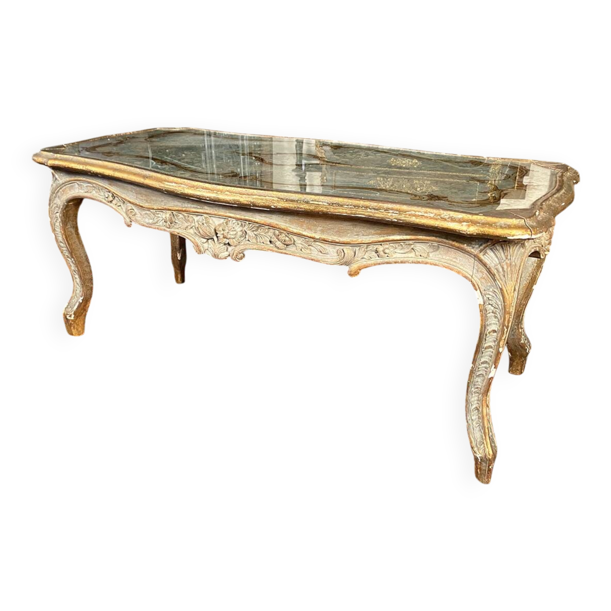 Louis XV style coffee table in carved wood with grey and gold highlights.