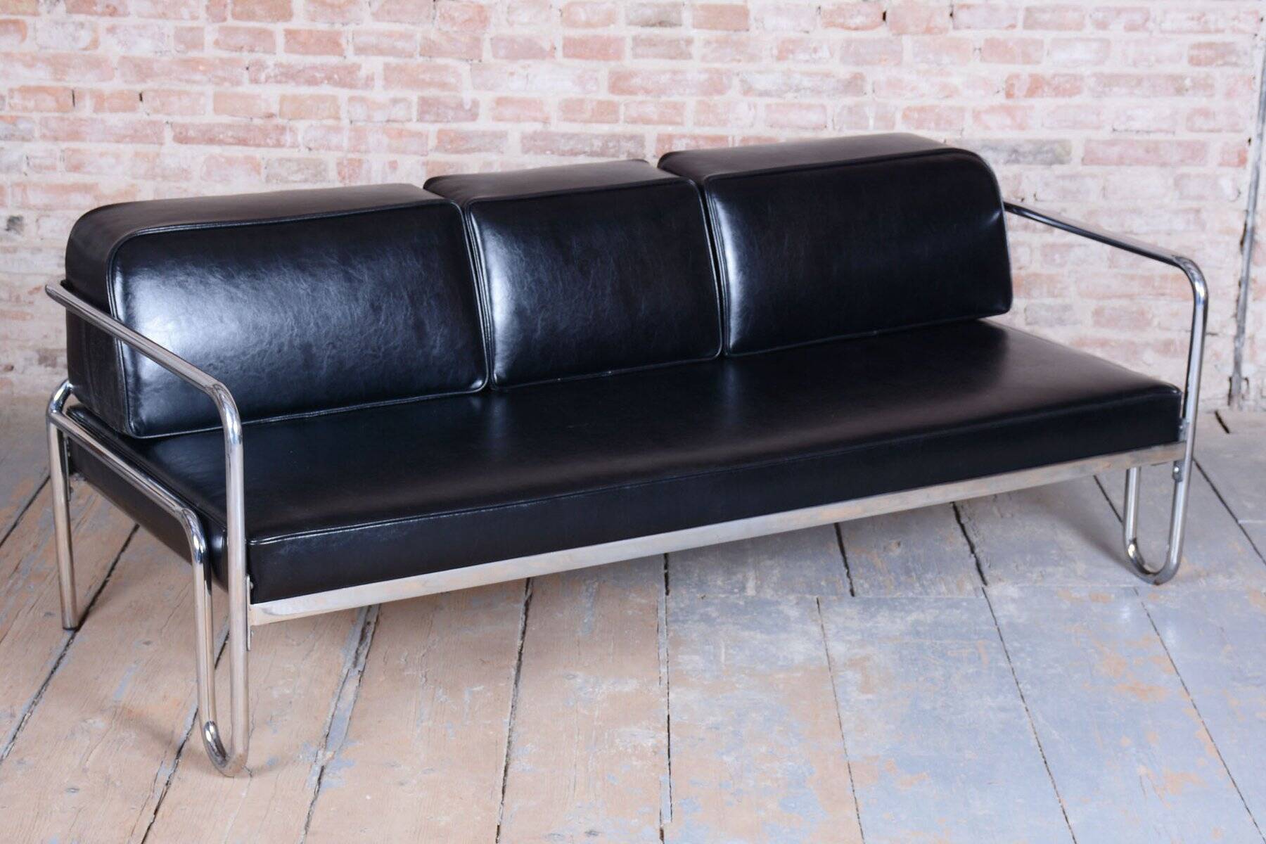 Sofa Bauhaus en acier chromé et cuir, tchèque, années 1930