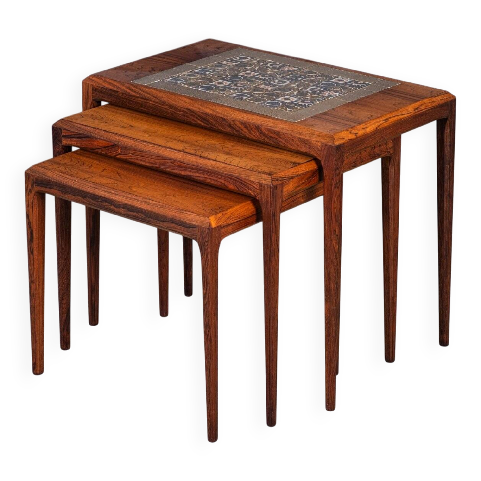 Nest Tables in Rosewood with Tiles by Johannes Andersen for CFC Silkeborg, Denmark, 1960s, Set of 3