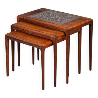 Nest Tables in Rosewood with Tiles by Johannes Andersen for CFC Silkeborg, Denmark, 1960s, Set of 3