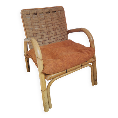 Fauteuil en rotin et corde tressée vintage