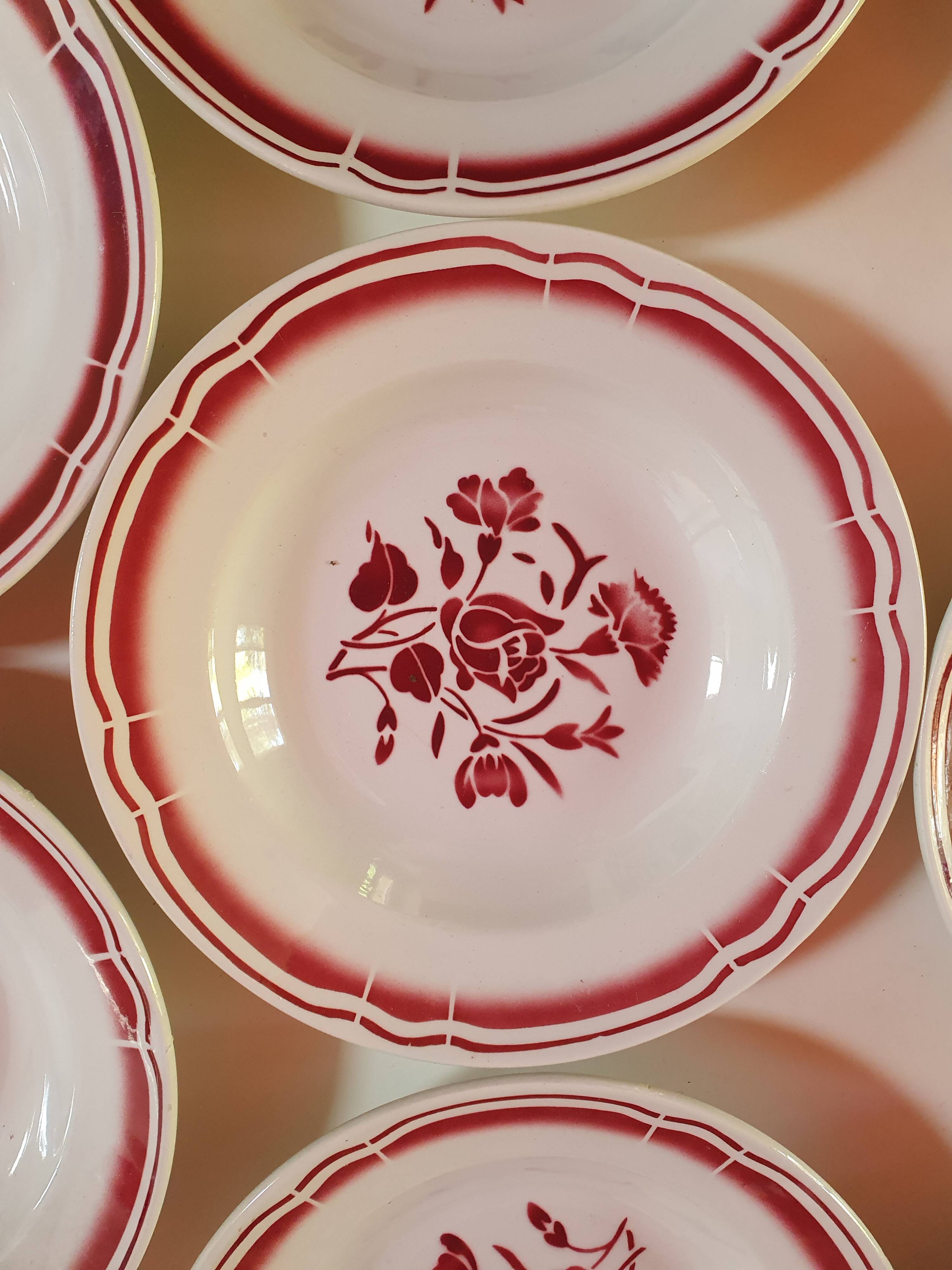 set of 11 vintage soup plates with red flowers