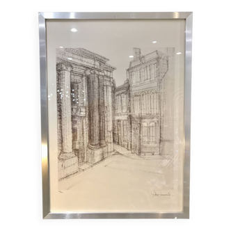 Framed drawing Palace of Justice Sarreguemines Peter Musslé numbered