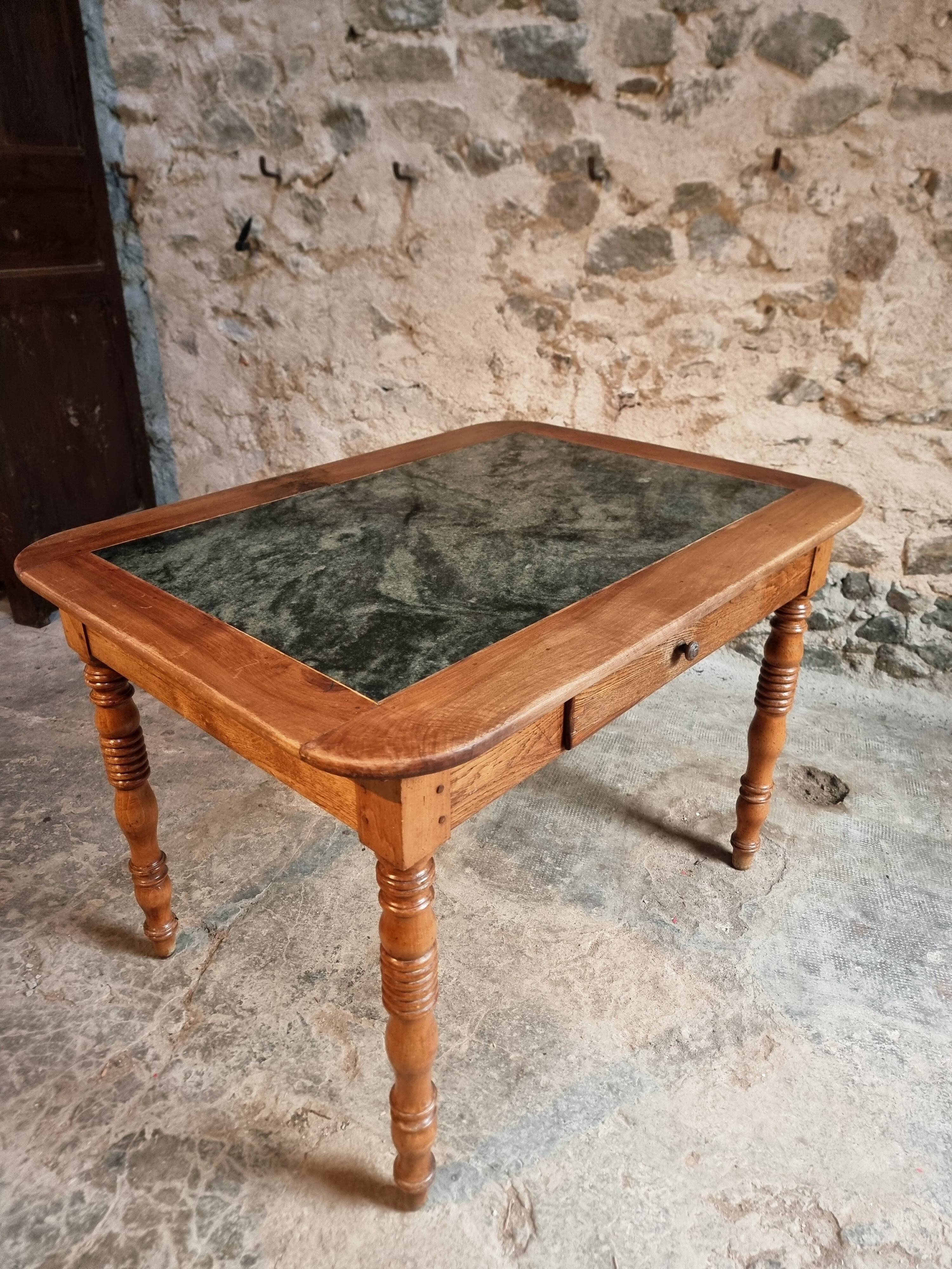 French vintage dining/desk table – oak and walnut – marble top – 1960s writing table with drawer