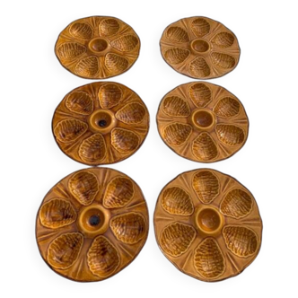 6 oyster plates, for 6 oysters, vintage glazed ceramic slip