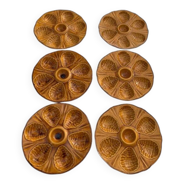 6 assiettes à huîtres, pour 6 huîtres, barbotine céramique émaillée vintage